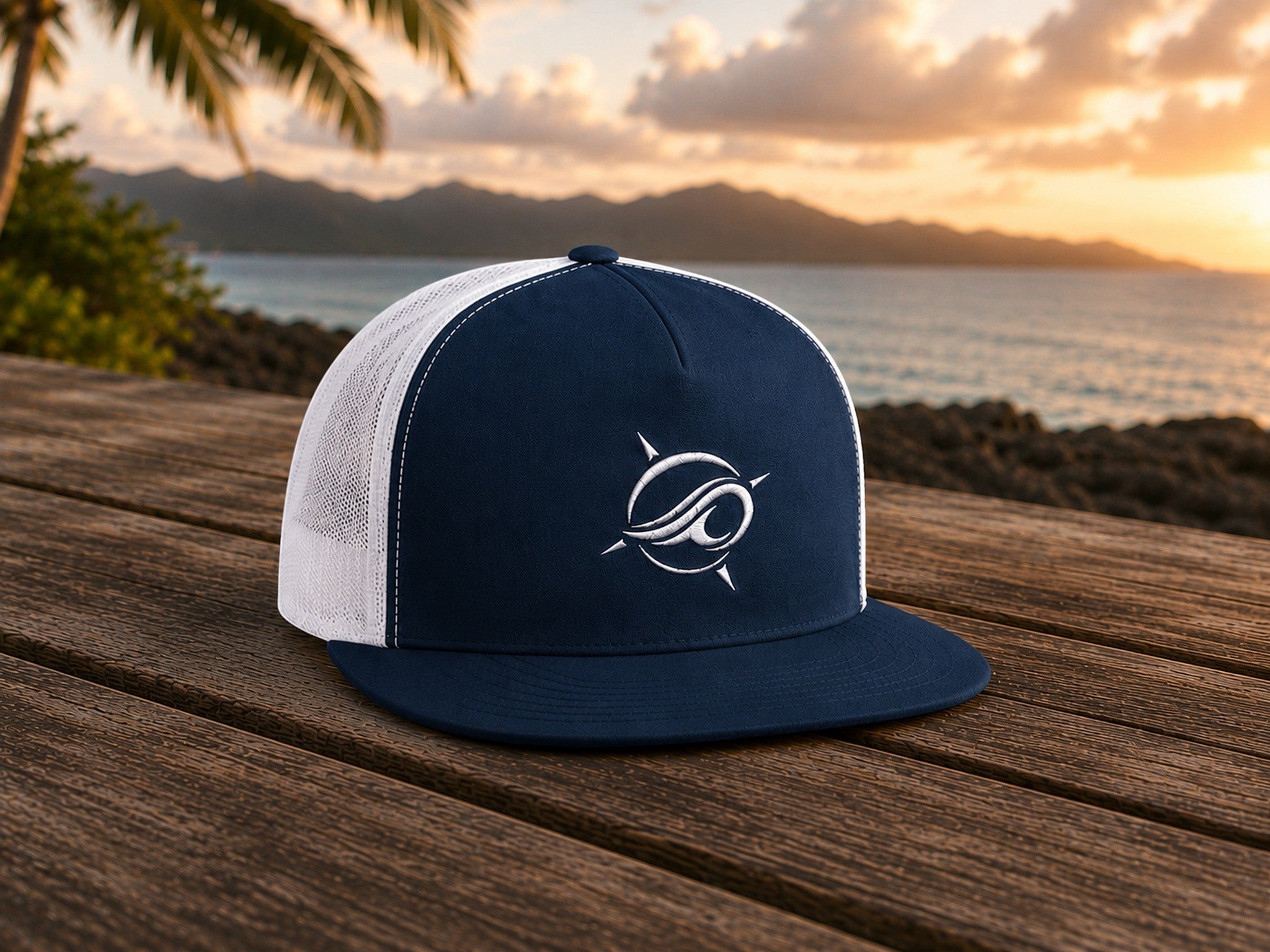 Deepwater Crew Co. navy blue trucker cap with white mesh back and embroidered wave compass logo. Flat bill.