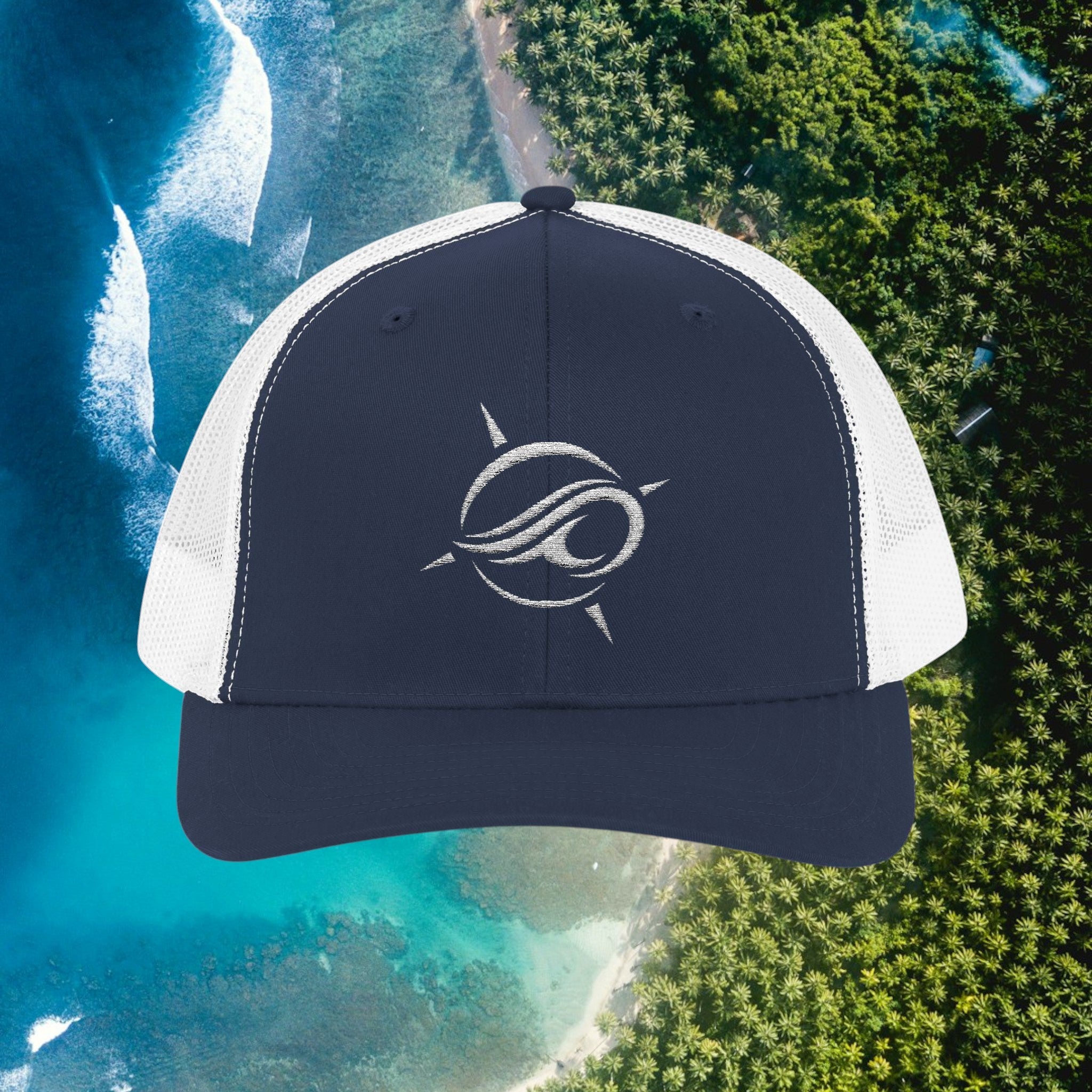 Deepwater Crew Co. navy blue trucker hat with white mesh back and embroidered wave logo.