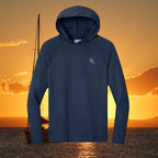 Deepwater Crew Co. dark navy performance UPF hoodie with raglan sleeves and small logo on chest