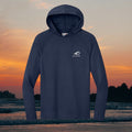 Deepwater Crew Co. dark navy performance UPF hoodie with raglan sleeves and small white logo on chest.