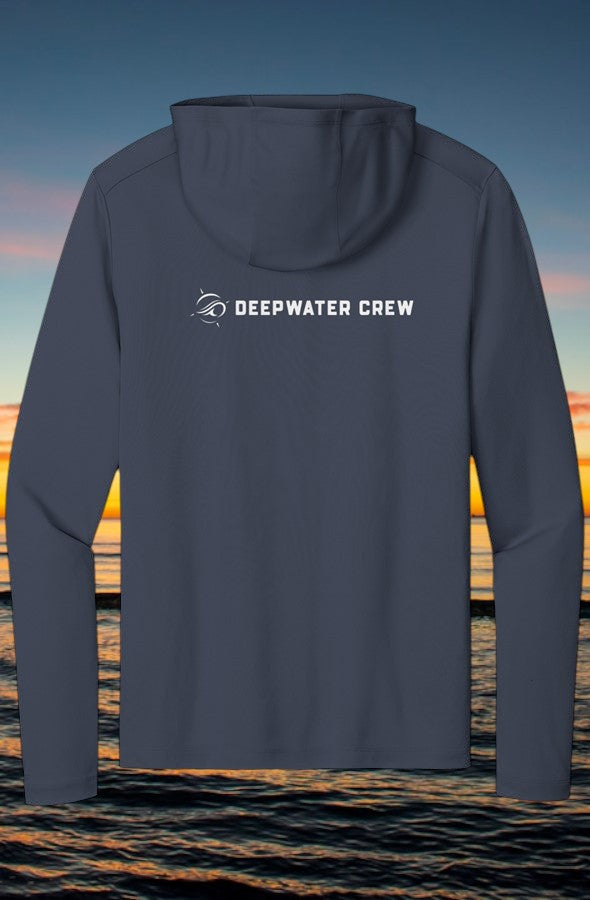 Deepwater Crew Co. navy blue polyester performance hoodie with UPF 50 sun protection and chest logo.