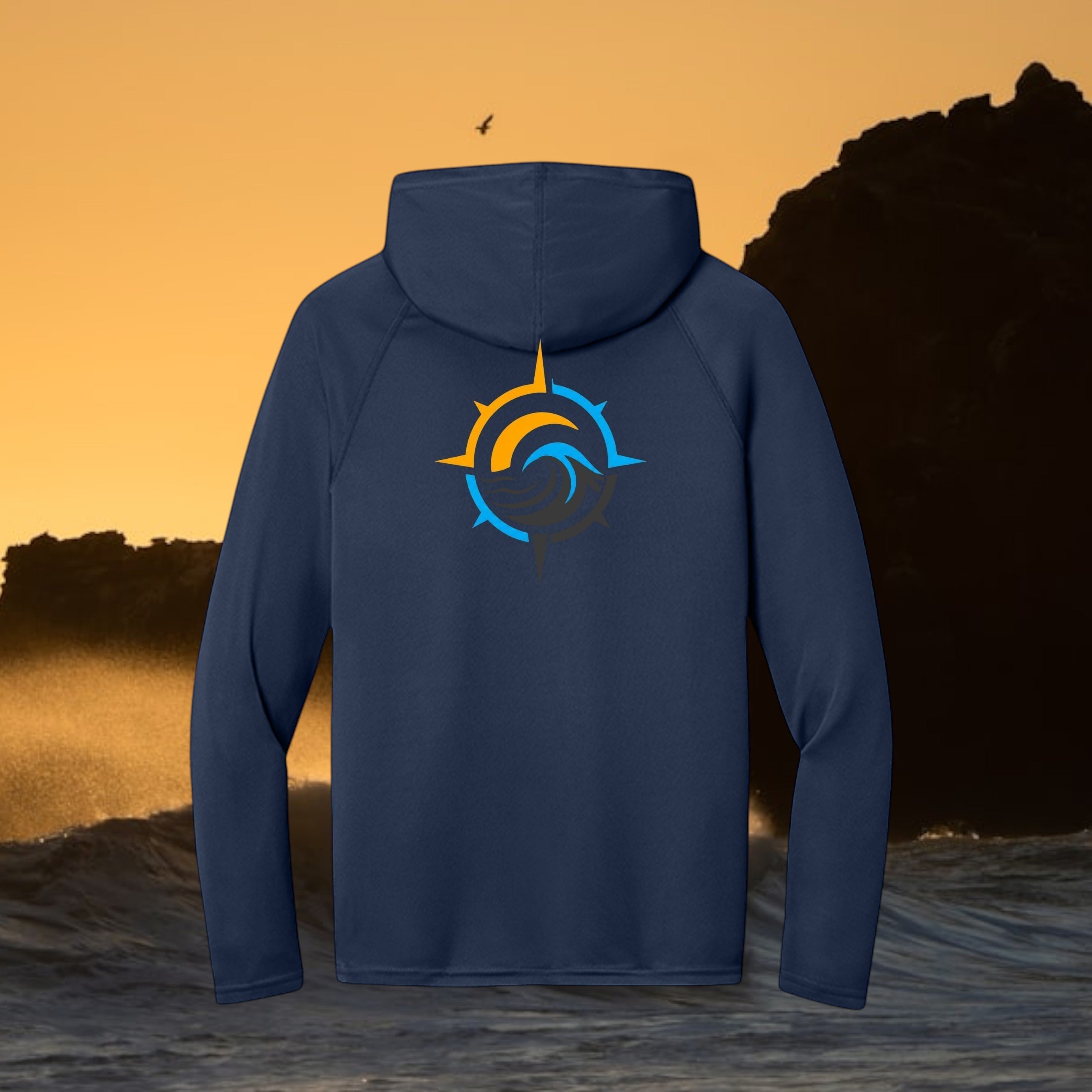 Deepwater Crew Co. dark navy performance UV hoodie with a colorful compass and wave logo on the back