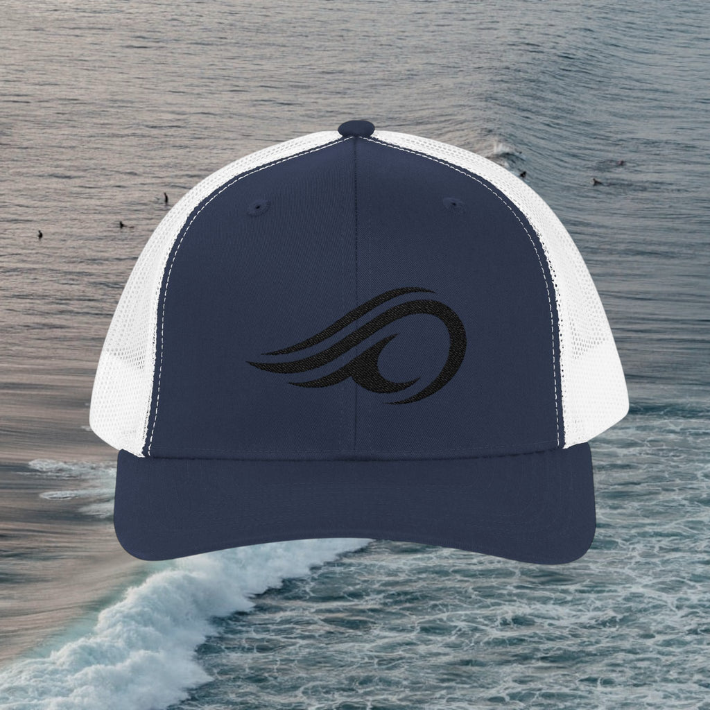 Deepwater Crew Co. navy blue and white trucker hat with black wave logo embroidery and adjustable snapback closure.