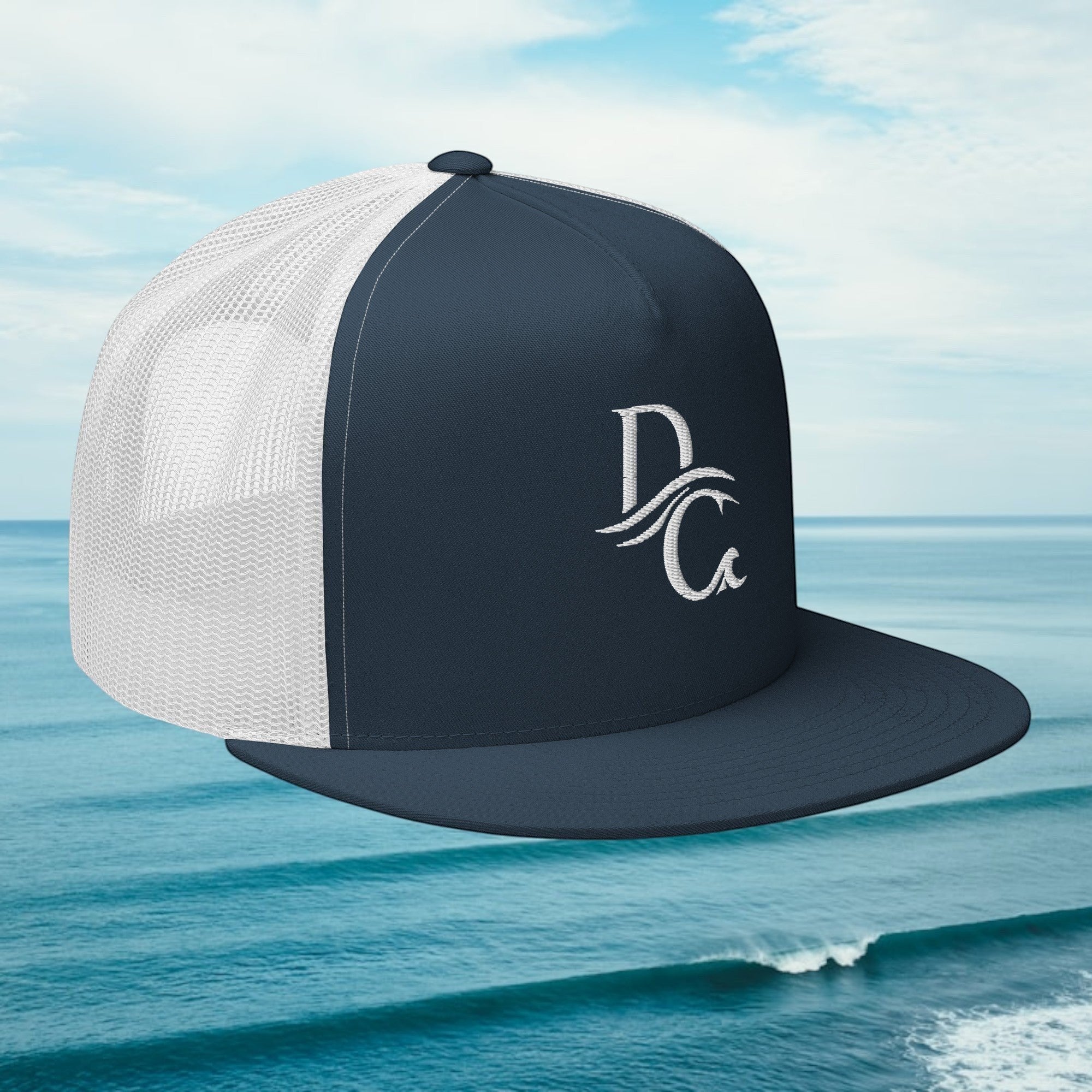 Deepwater Crew Co. navy and white 5-panel trucker cap with flat bill and embroidered logo