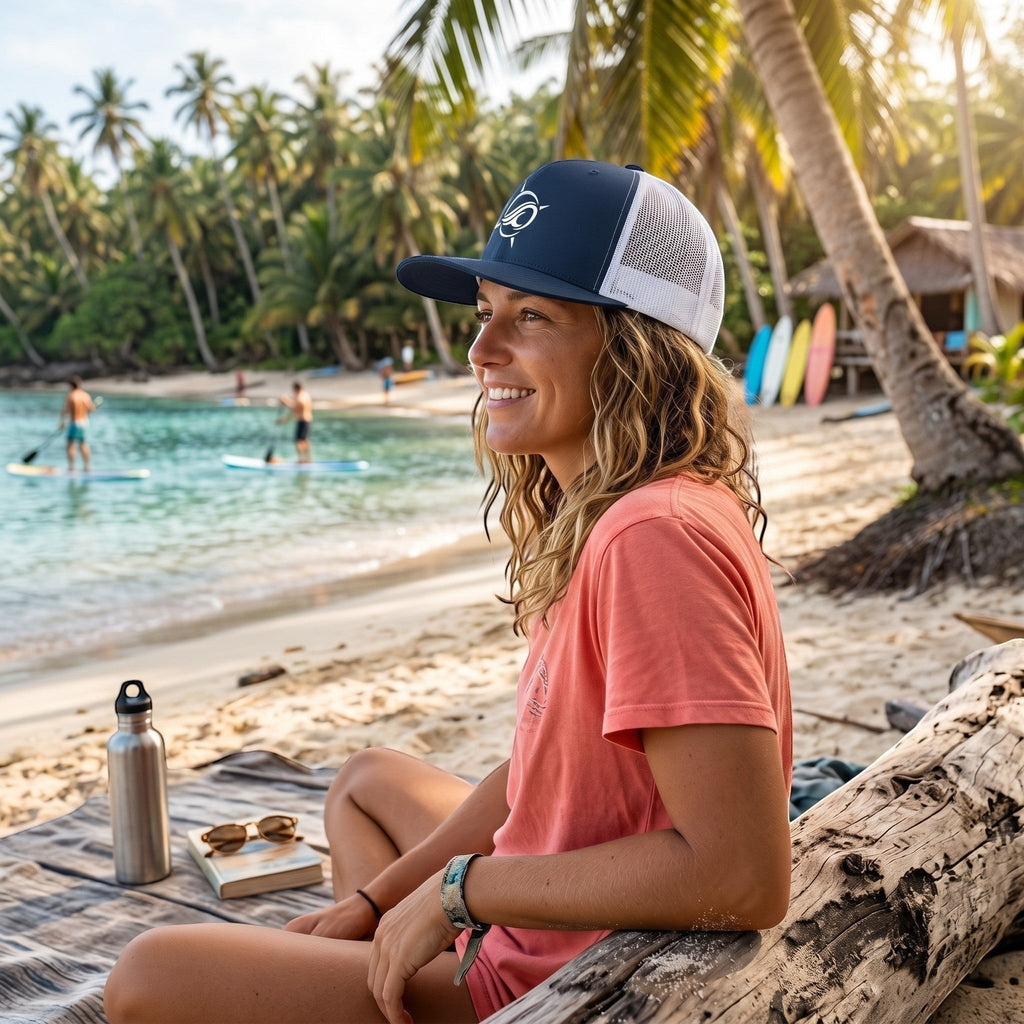 Deepwater Crew Co. navy and white mesh trucker cap with flat bill and embroidered logo worn by a woman on a beach.
