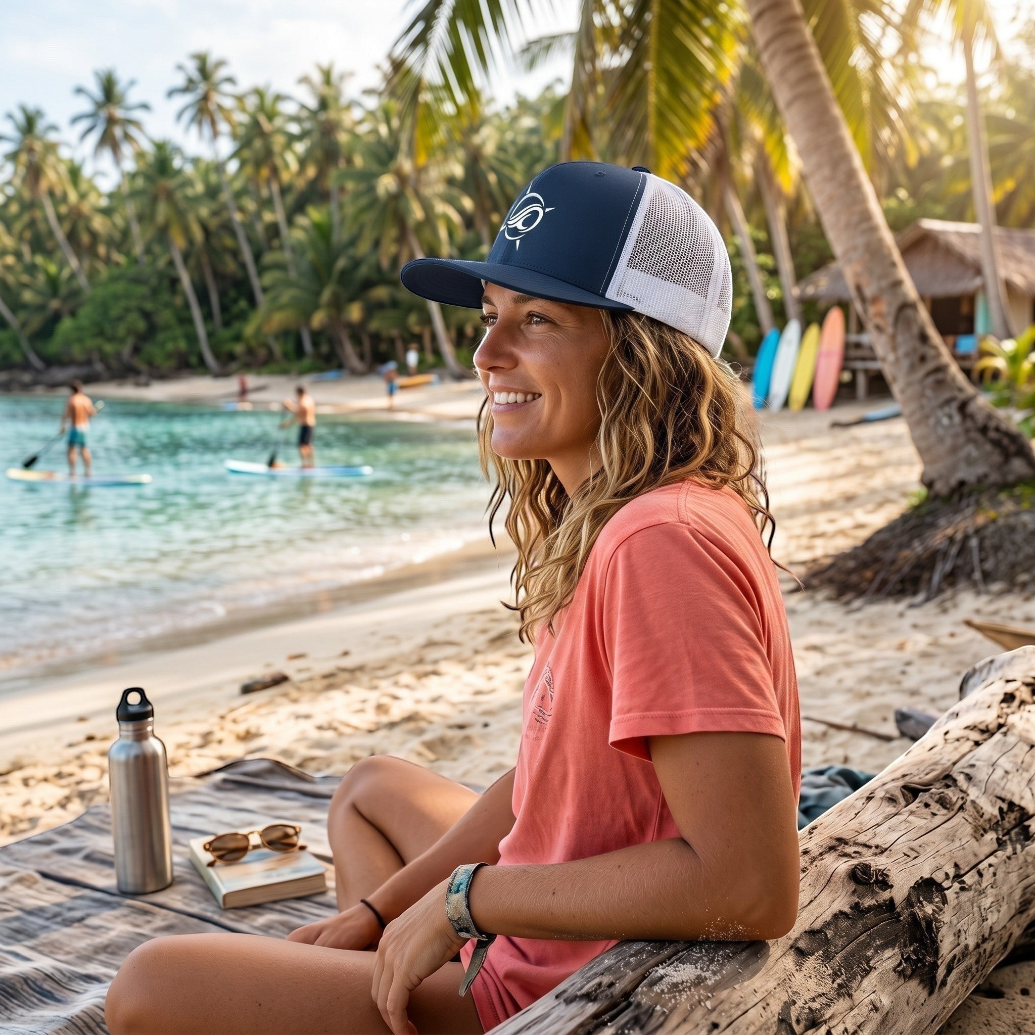 Deepwater Crew Co. navy and white mesh trucker cap with flat bill and embroidered logo worn by a woman on a beach.