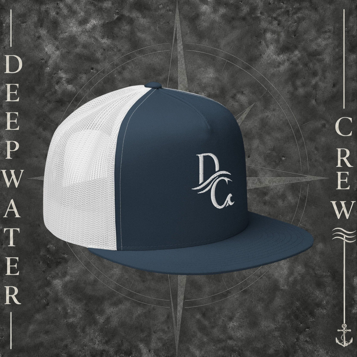 Deepwater Crew Co. navy and white 5-panel trucker cap with flat bill and embroidered logo