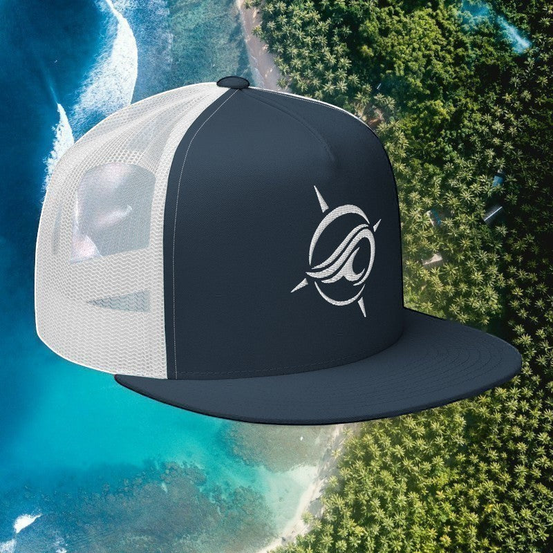 Deepwater Crew Co. navy and white five-panel trucker hat with a flat bill and embroidered wave-compass logo