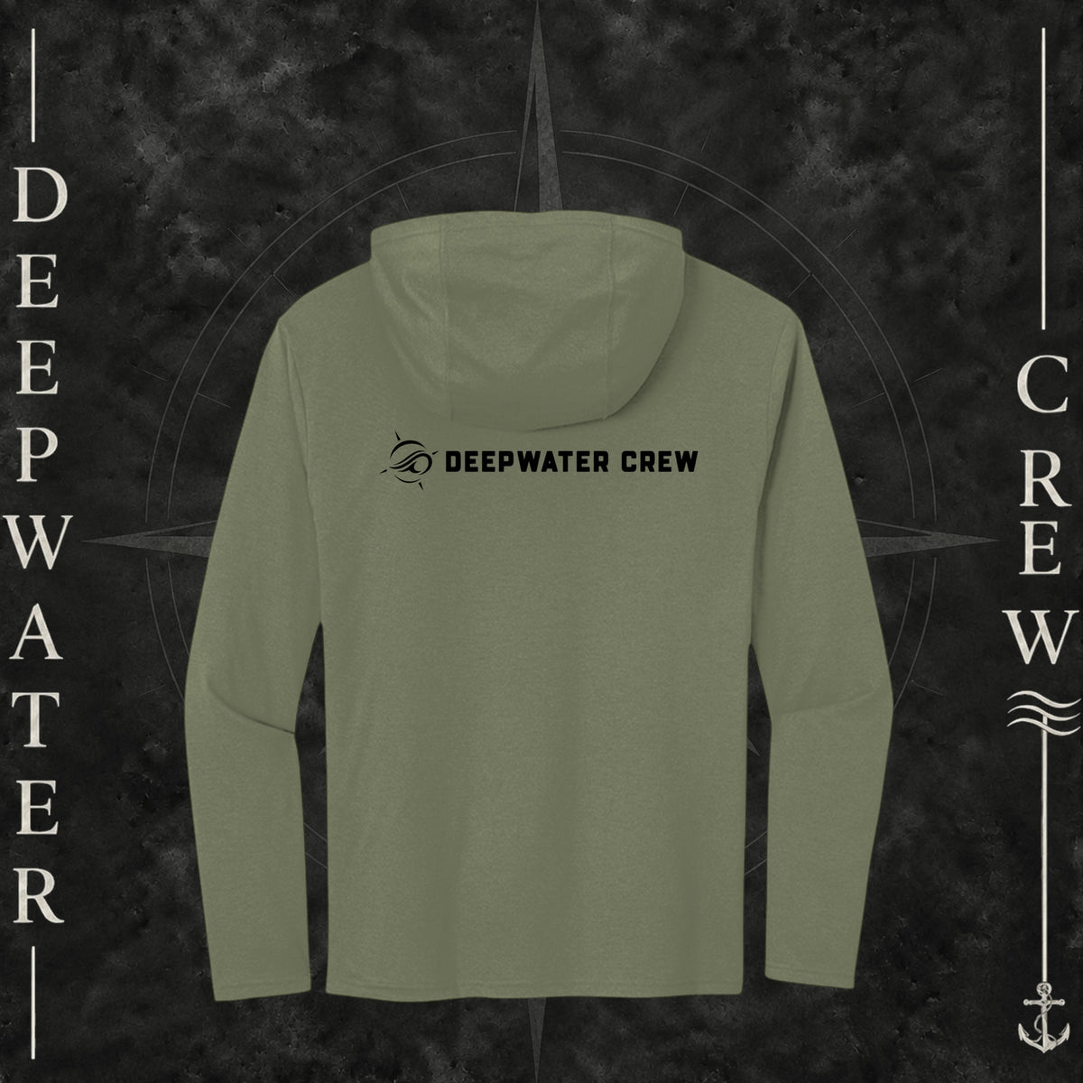 Deepwater Crew Co. Olive DC  Tri-blend long sleeve hoodie. Back view of hoodie with a nautical compass logo graphic and Deepwater Crew lettering beside it.