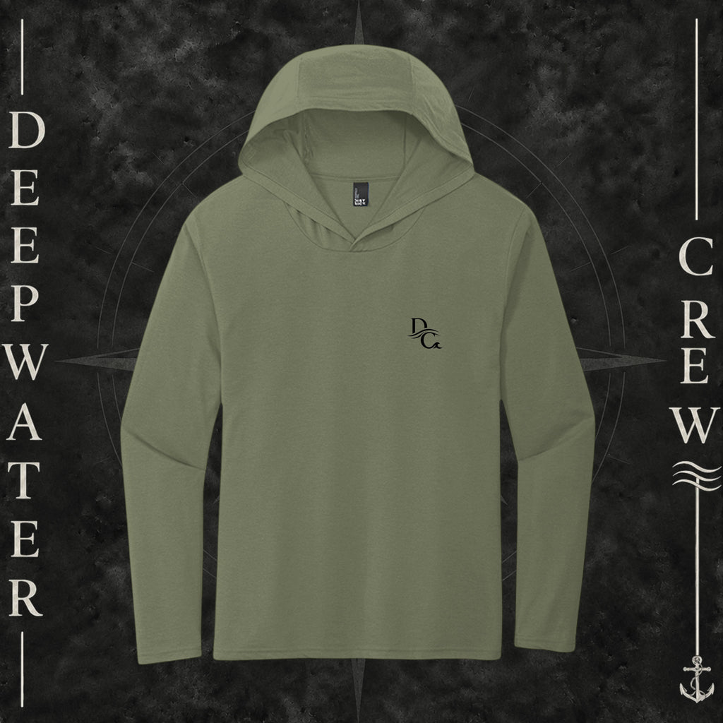 Deepwater Crew Co. Olive DC tri-blend long sleeve hoodie. Front view with a small black DC logo on the left chest.