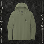 Deepwater Crew Co. Olive DC tri-blend long sleeve hoodie. Front view with a small black DC logo on the left chest.