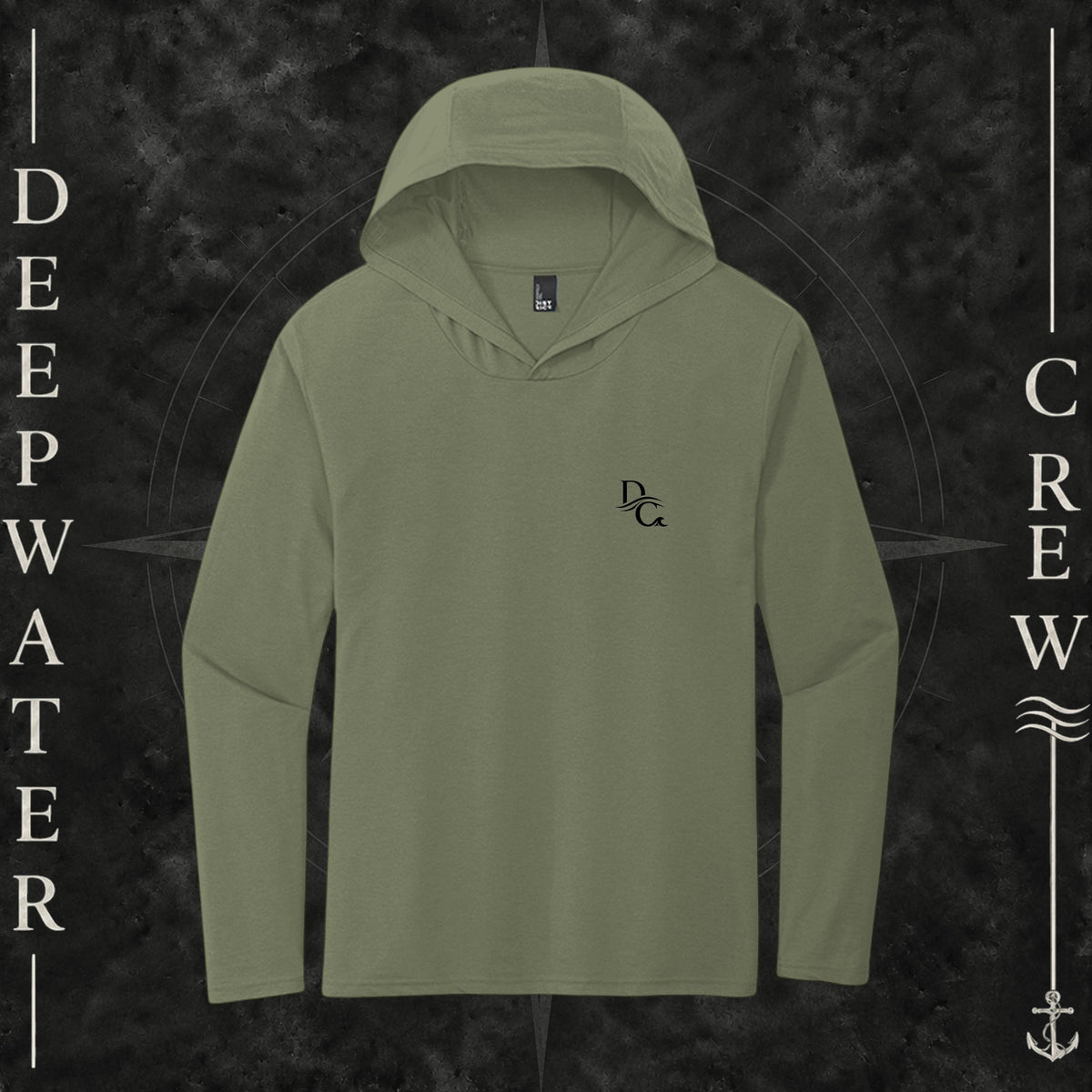 Deepwater Crew Co. Olive DC tri-blend long sleeve hoodie. Front view with a small black DC logo on the left chest.
