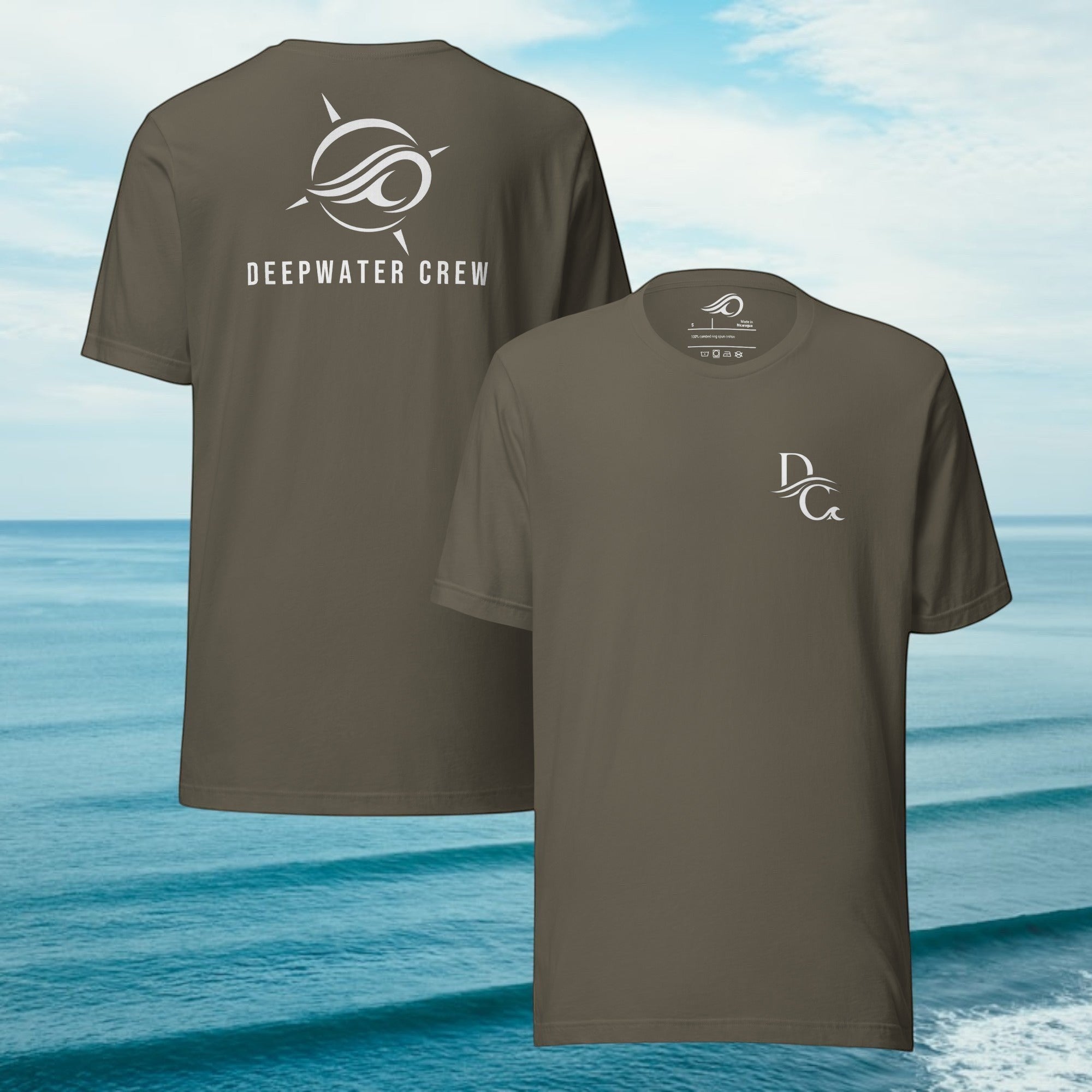Deepwater Crew Co. olive green 100% cotton crew neck tee with white logo on front and large graphic on back.