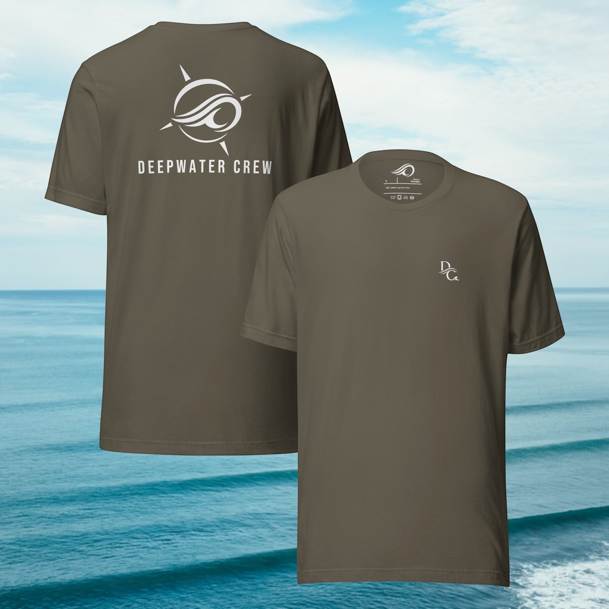 Deepwater Crew Co. olive green cotton t-shirt with small front logo and large back nautical compass graphic