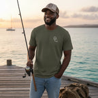 Deepwater Crew Co. olive green cotton crew neck t-shirt with small white logo on chest, worn by a man fishing.
