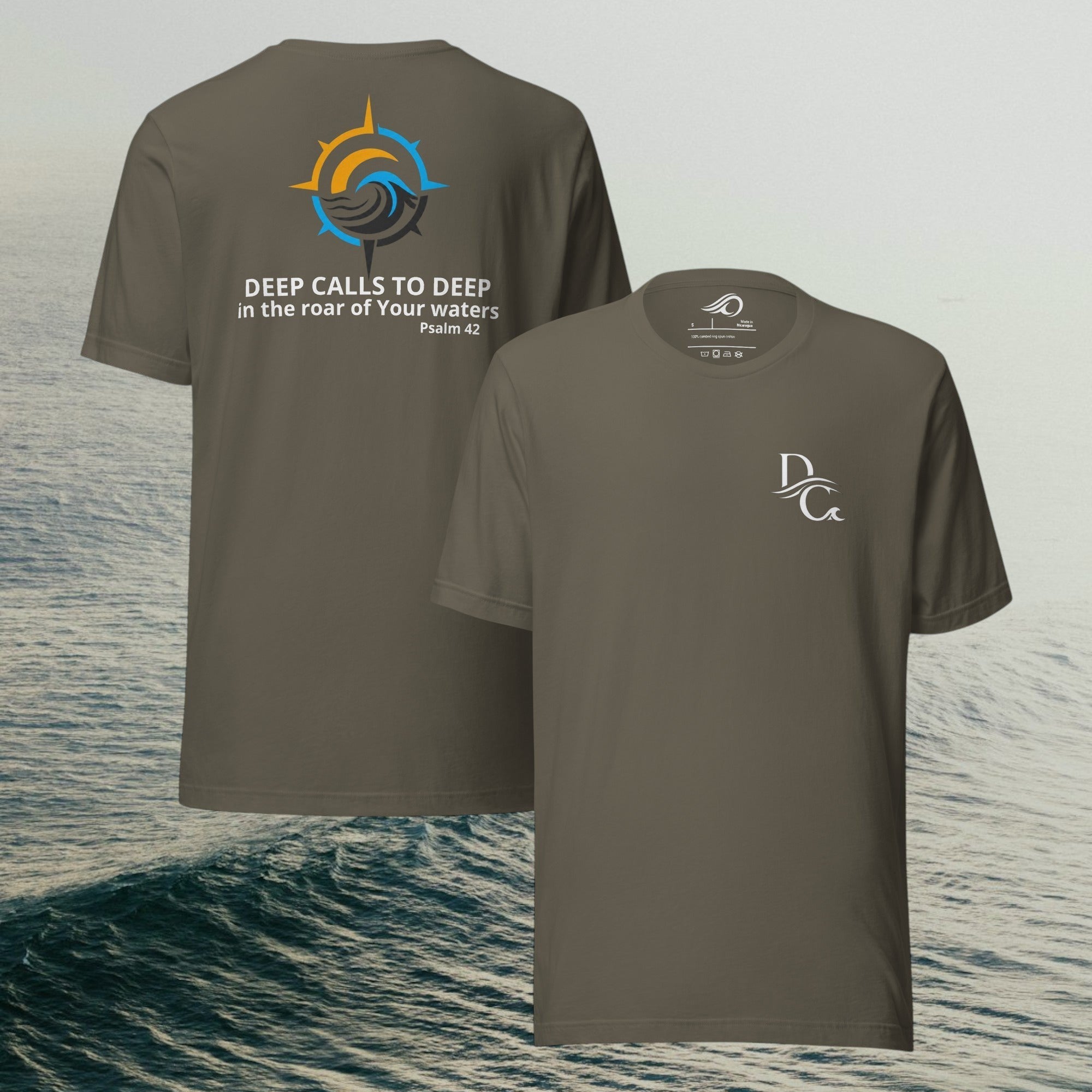 Deepwater Crew Co. olive green crew neck t-shirt with a compass graphic and text on the back. 100% cotton.