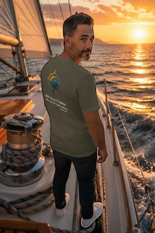 Deepwater Crew Co. olive green cotton crew neck t-shirt with Deep Calls to Deep graphic on the back, worn on a boat.