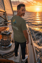 Deepwater Crew Co. olive green cotton crew neck t-shirt with Deep Calls to Deep graphic on the back, worn on a boat.