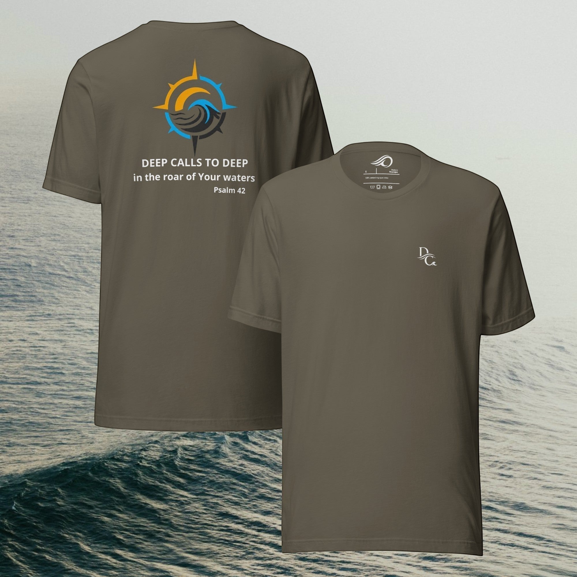 Deepwater Crew Co. olive green cotton crew neck t-shirt with front logo and back compass graphic design
