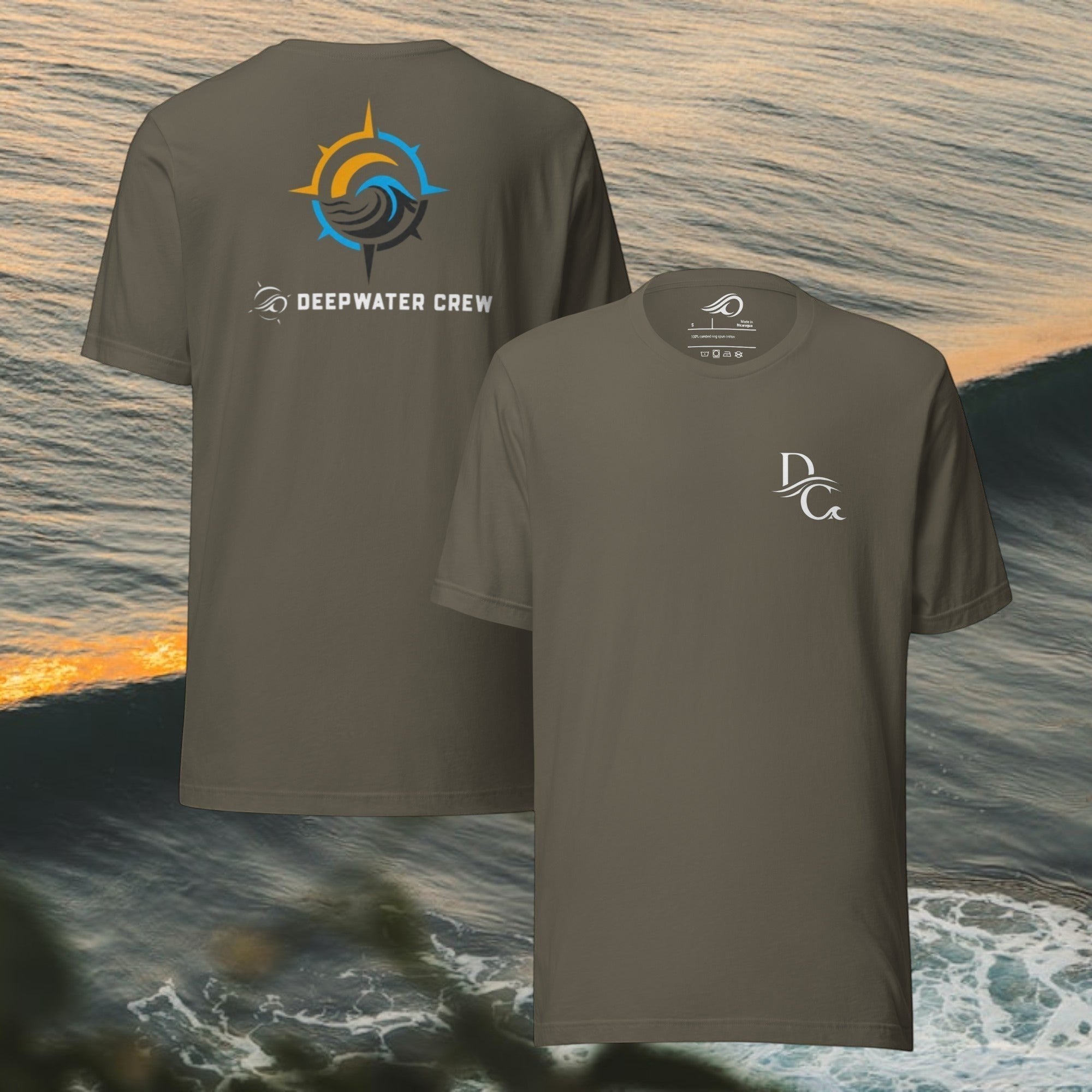 Deepwater Crew Co. olive green crew neck t-shirt with DC logo on front and compass wave graphic on back. 100% cotton.