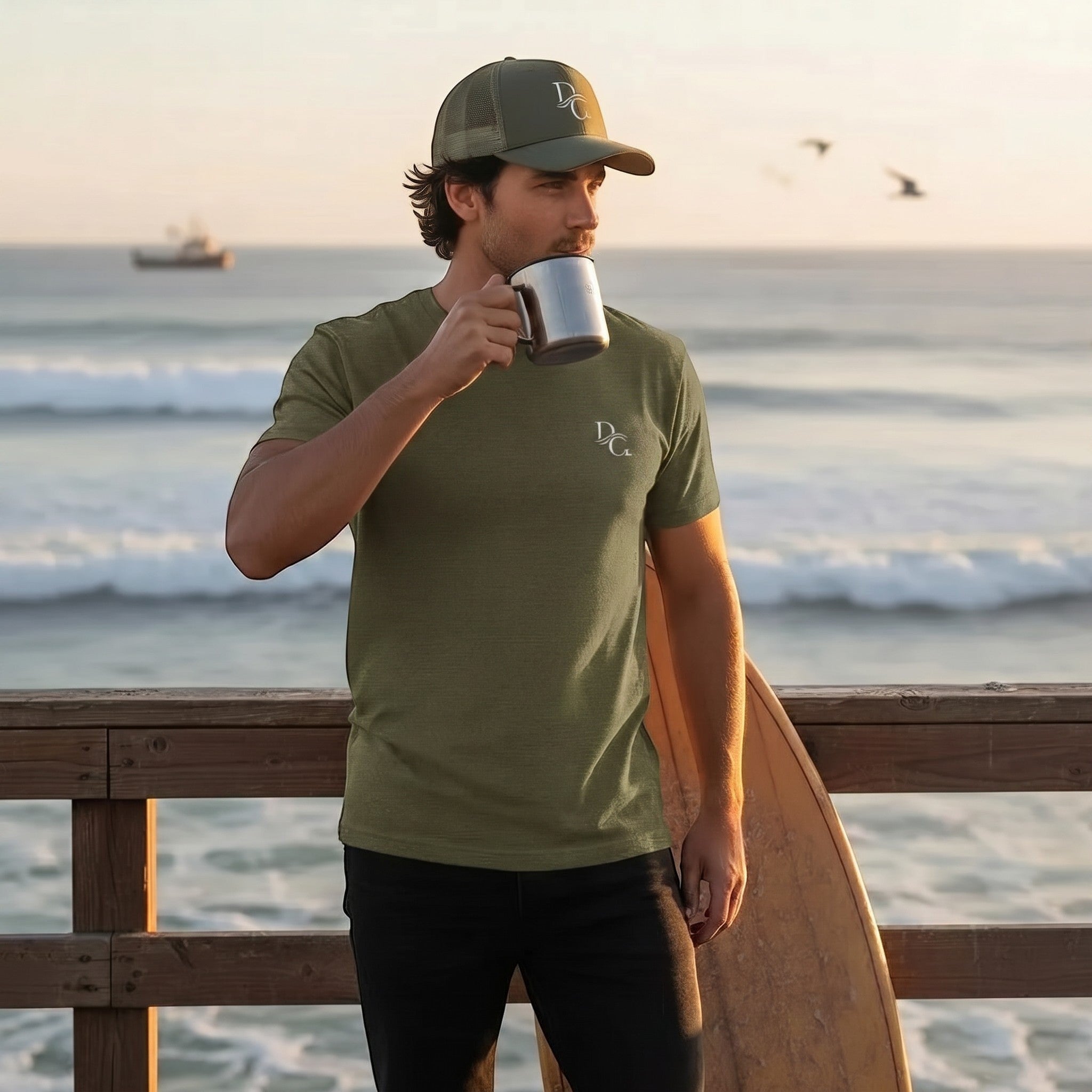 Deepwater Crew Co. olive green cotton t-shirt with logo, worn by a man holding a mug on a pier at sunset.