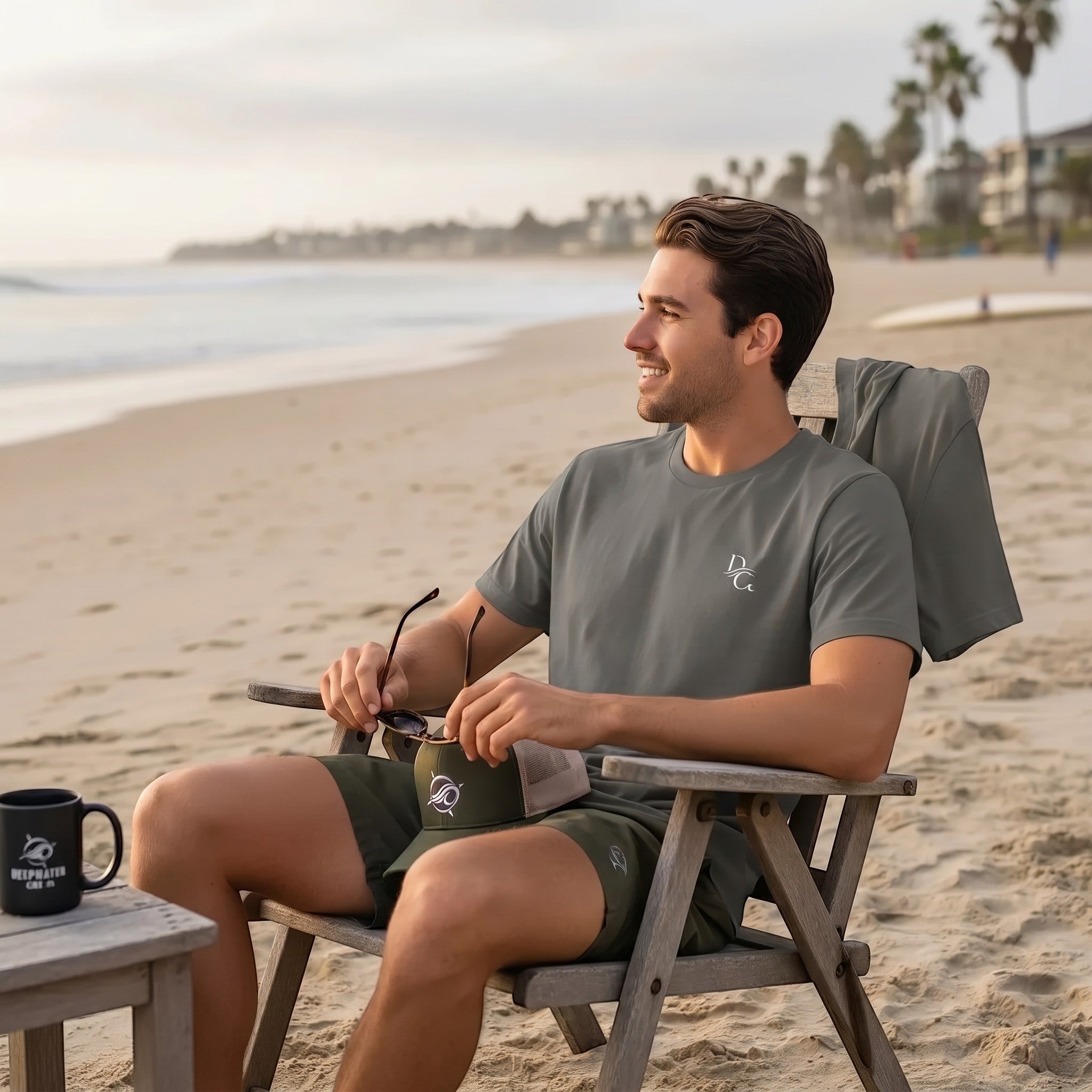 Man wearing a Deepwater Crew Co. olive green cotton t-shirt with a small logo, sitting on a beach chair at sunset.