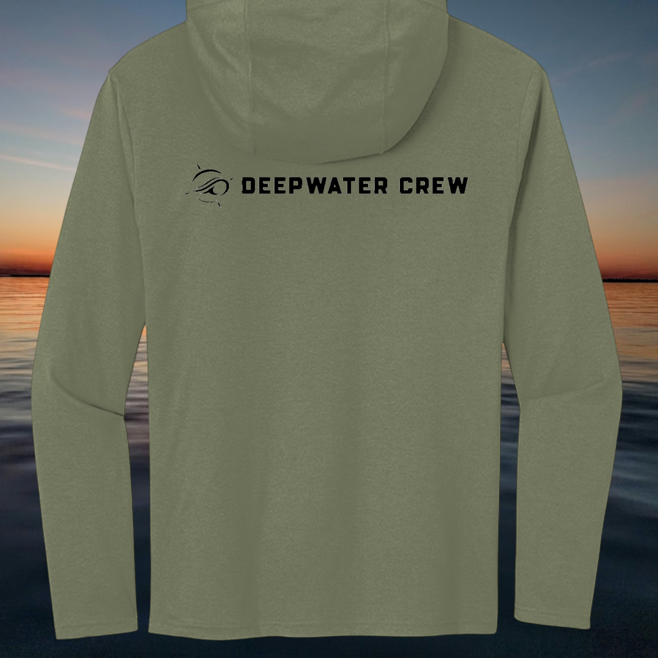 Deepwater Crew Co. olive green tri-blend long-sleeve hooded tee with chest logo. Lightweight and breathable.