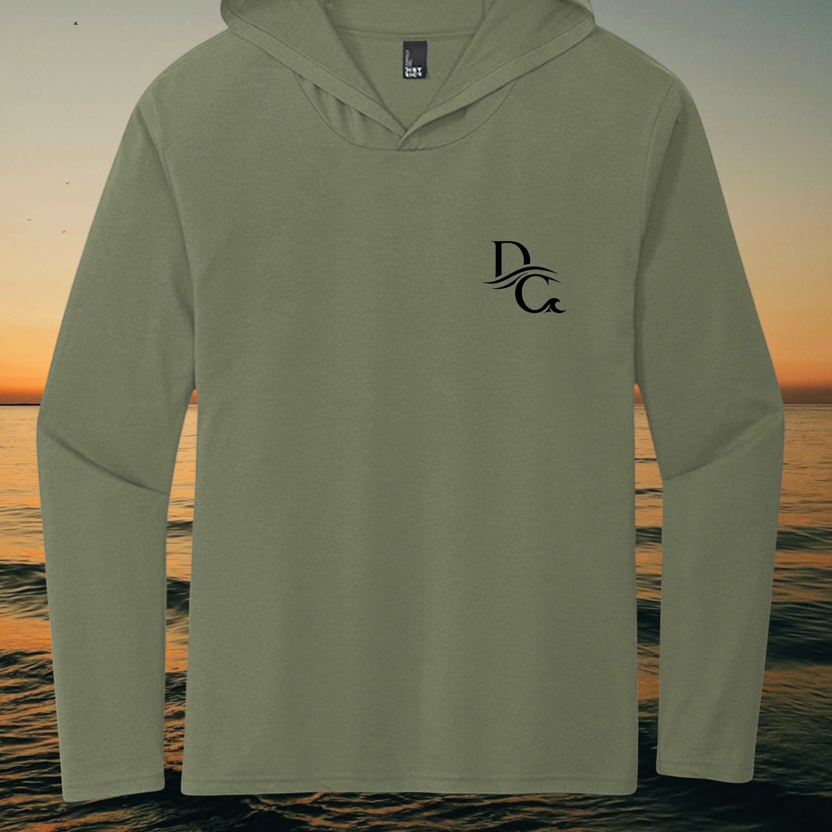 Deepwater Crew Co. olive green long sleeve tri-blend hoodie with a black chest logo against a sunset ocean background.