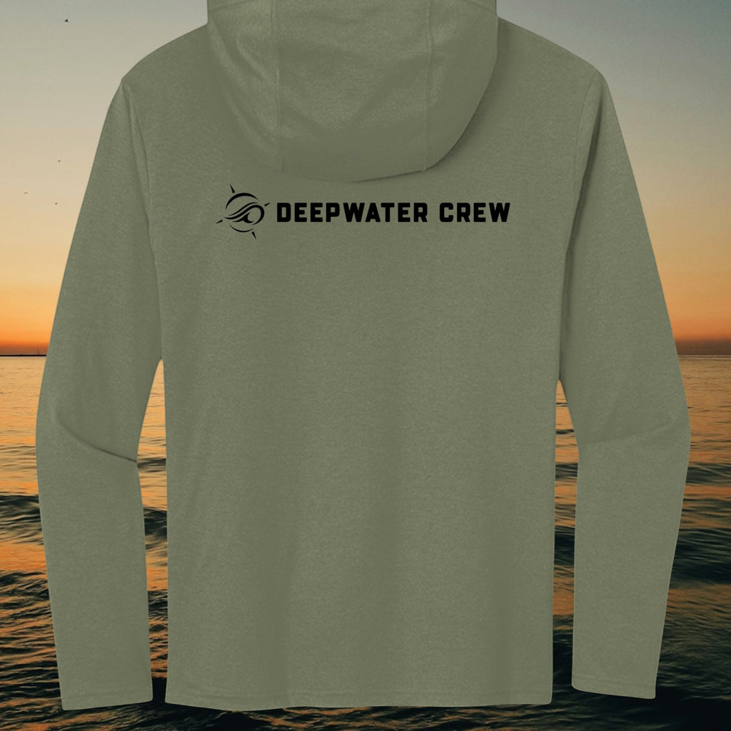 Deepwater Crew Co. olive green long sleeve tri-blend hoodie with black logo on the back against a sunset ocean view.