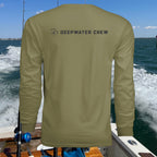 Deepwater Crew Co. olive green long-sleeve performance tee with UPF sun protection, ideal for fishing and boating.