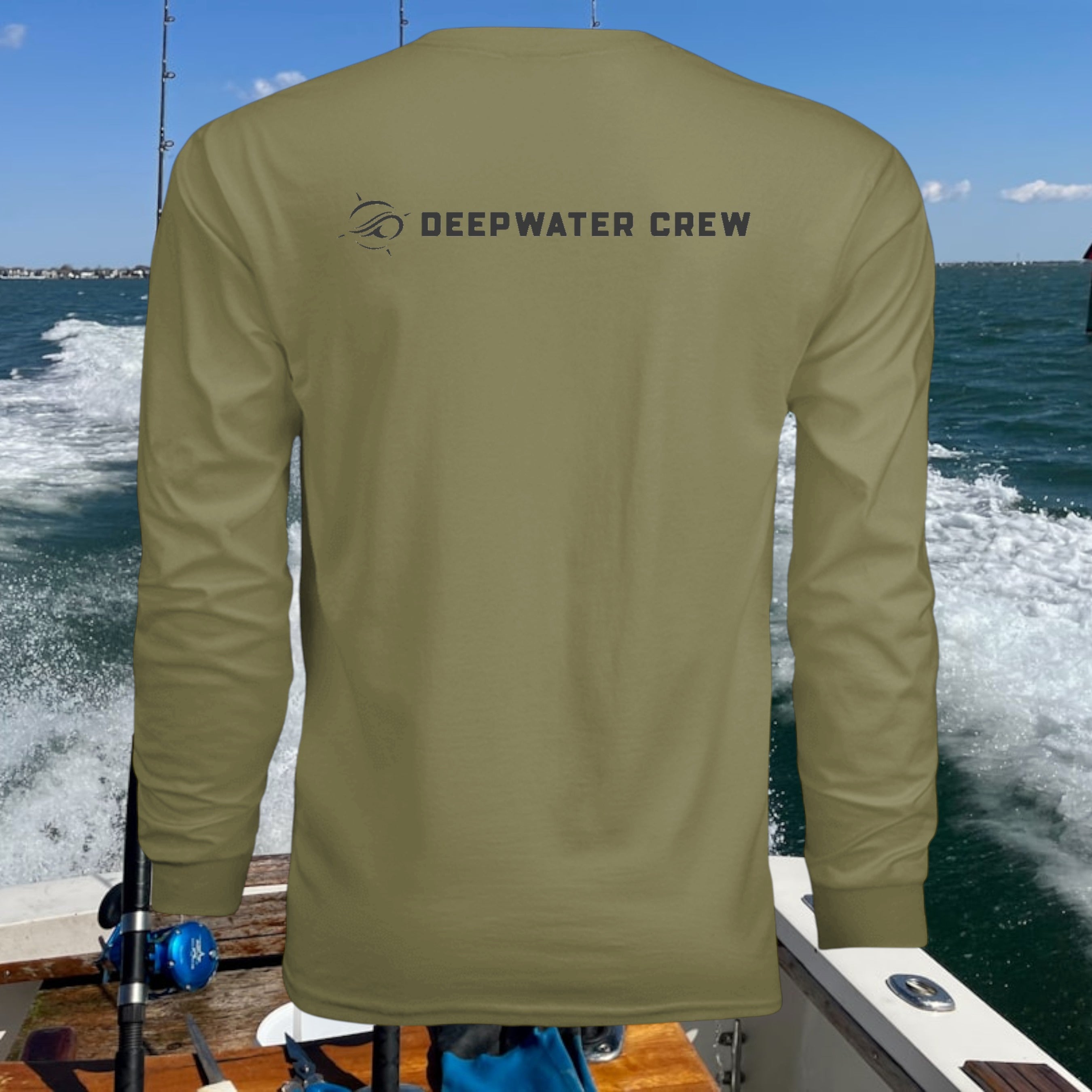 Deepwater Crew Co. olive green long-sleeve performance tee with UPF sun protection, ideal for fishing and boating.