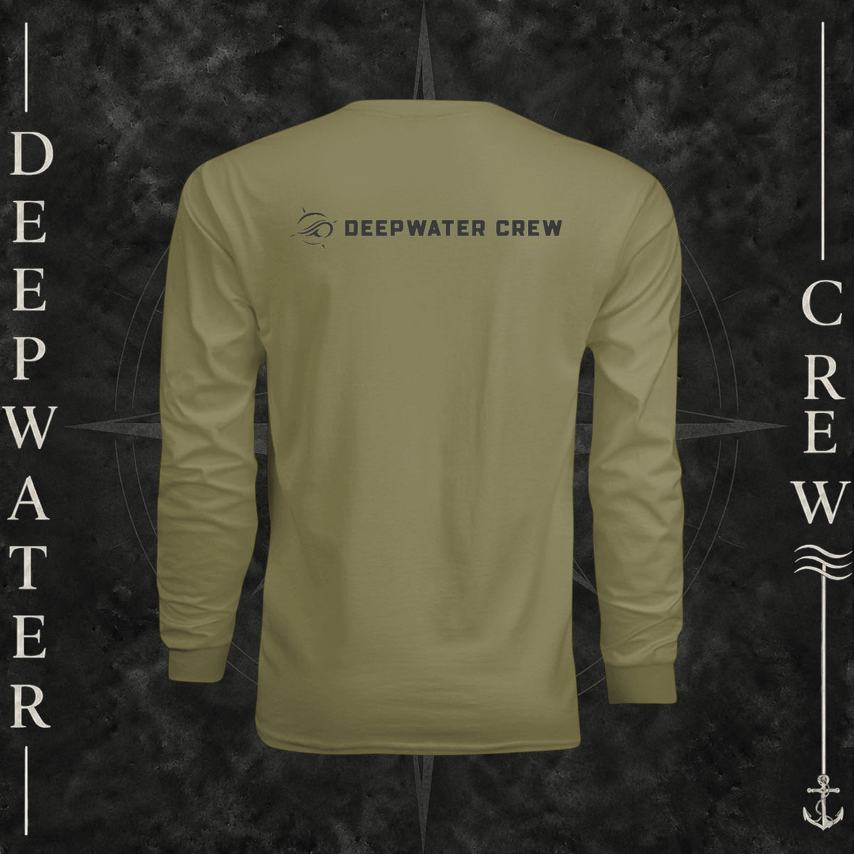 Deepwater Crew Co. olive green long-sleeve performance sun shirt with back logo on a boat deck