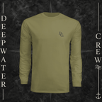 Deepwater Crew Co. olive green long-sleeve performance sun shirt with UPF 44+ protection on a boat deck.