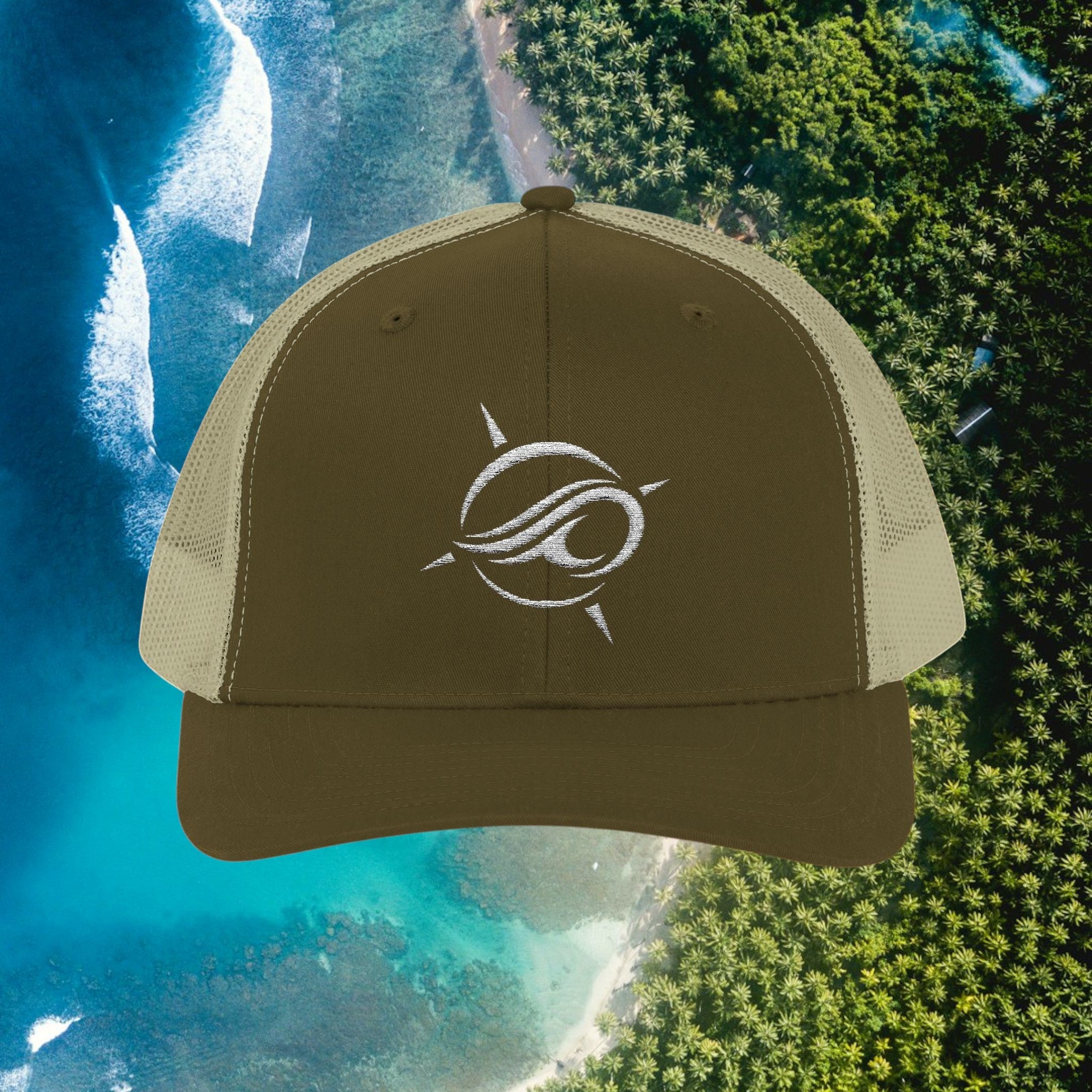 Deepwater Crew Co. olive green cotton-polyester trucker hat with white embroidered wave logo and tan mesh back.