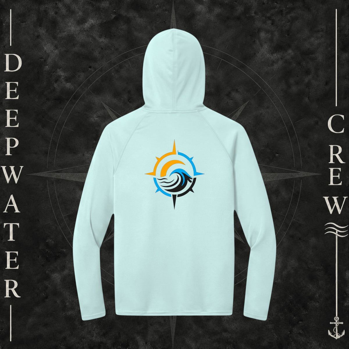 Deepwater Crew Co. Pastel Blue Horizon UPF 44+ performance hoodie. Back view of hoodie with a  nautical wave, sun, compass graphic.