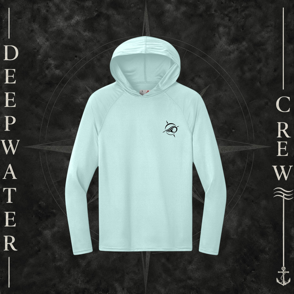 Deepwater Crew Co. Pastel Blue Horizon UPF 44+ performance hoodie. Front view of hoodie with a  deepwater crew logo graphic on the left chest.