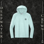 Deepwater Crew Co. Pastel Blue Horizon UPF 44+ performance hoodie. Front view of hoodie with a  deepwater crew logo graphic on the left chest.