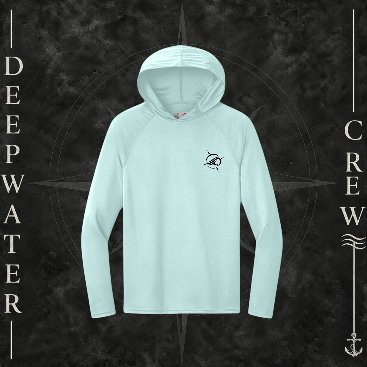 Deepwater Crew Co. Pastel Blue Horizon UPF 44+ performance hoodie. Front view of hoodie with a  deepwater crew logo graphic on the left chest.