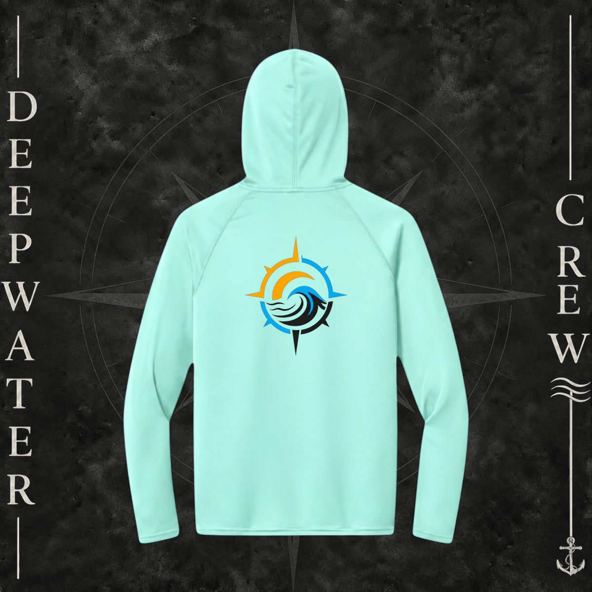 Deepwater Crew Co. Pastel Mint Horizon UPF 44+ performance hoodie. Back view of hoodie with a  nautical wave, sun, compass graphic.