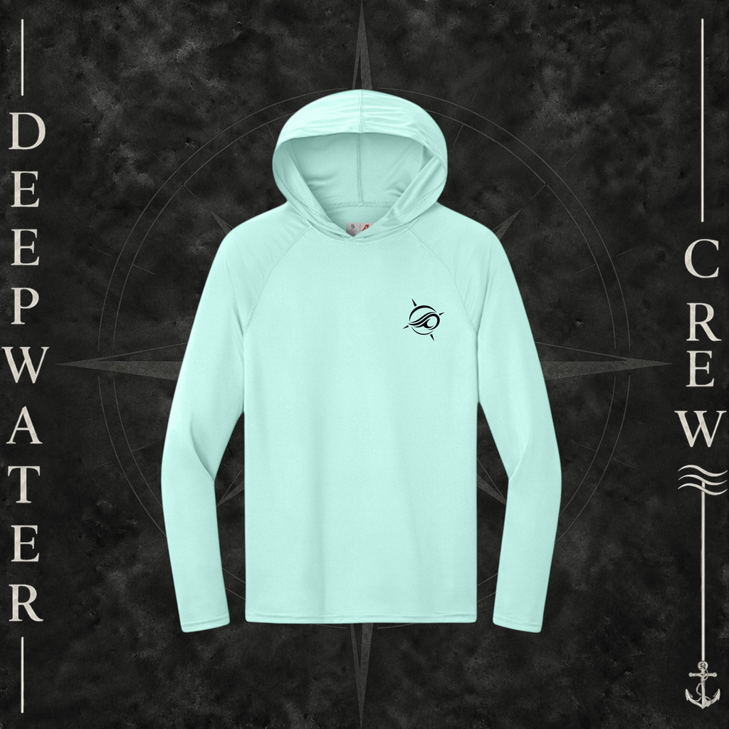 Deepwater Crew Co. Pastel Mint Horizon UPF 44+ performance hoodie. Front view of hoodie with a  deepwater crew logo graphic on the left chest.