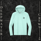 Deepwater Crew Co. Pastel Mint Horizon UPF 44+ performance hoodie. Front view of hoodie with a  deepwater crew logo graphic on the left chest.