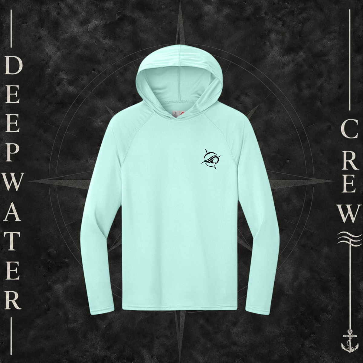 Deepwater Crew Co. Pastel Mint Horizon UPF 44+ performance hoodie. Front view of hoodie with a  deepwater crew logo graphic on the left chest.