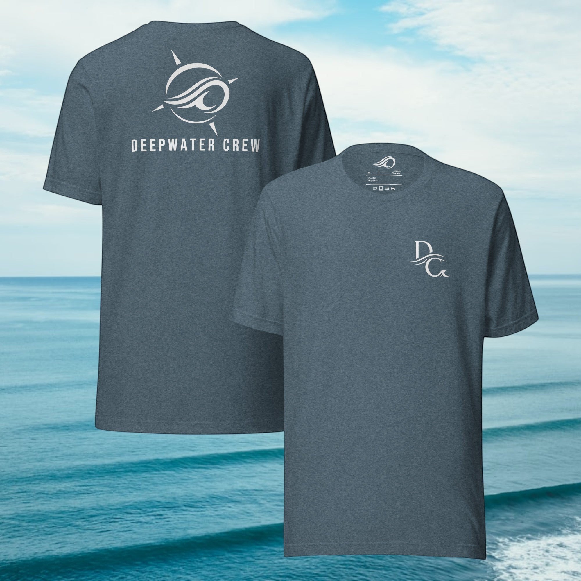 Deepwater Crew Co. premium crew tee in heathered blue, featuring a small logo on the chest and a large graphic on the back.