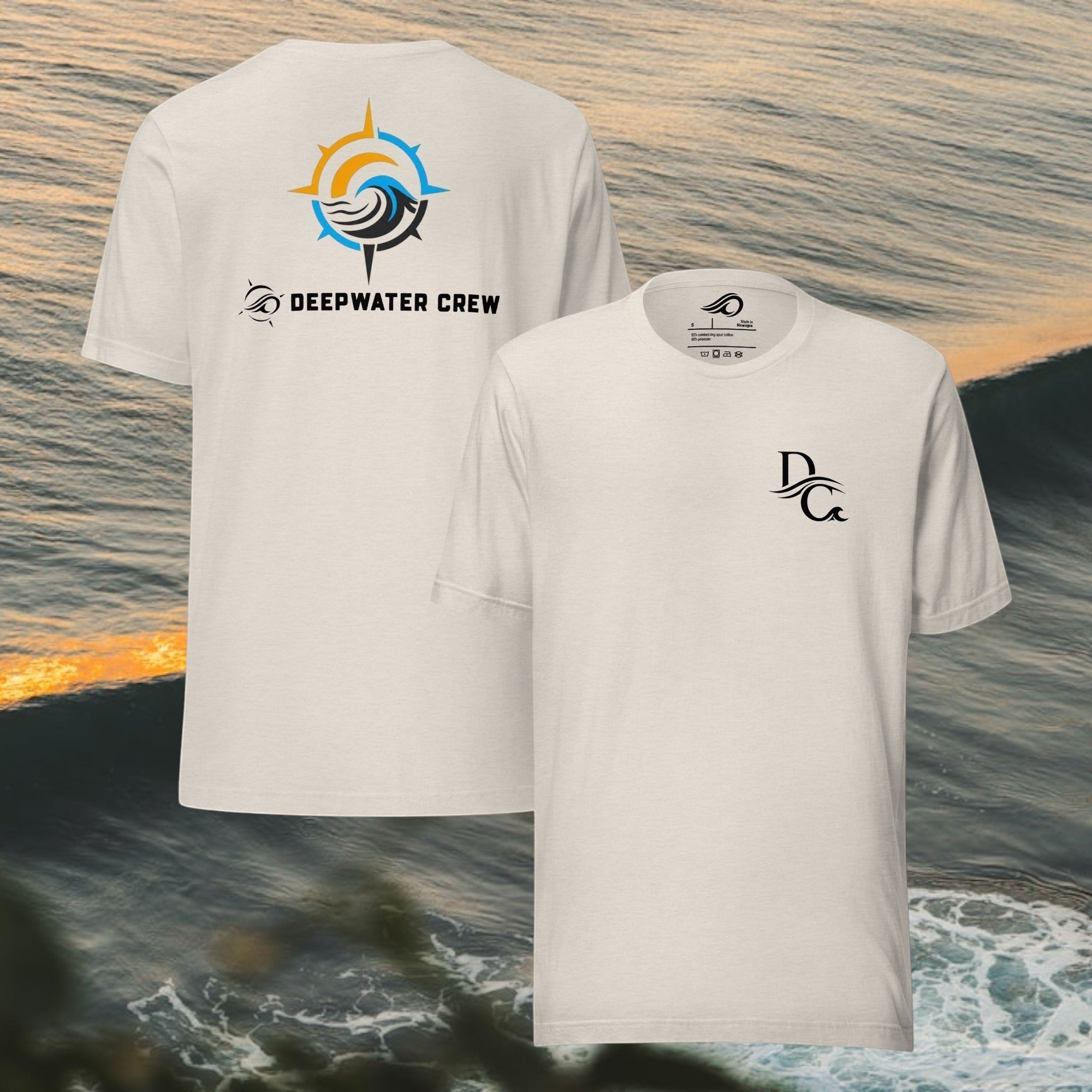 Deepwater Crew Co. cream 100% cotton crew neck tee with minimal logo on front and large compass wave logo on back.
