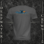 Asphalt Deepwater Crew Co. Salt Runs Deep crewneck T-shirt, back view with shaka hand, ocean waves, distant mountains, orange sunset, seabirds, and “Salt Runs Deep” lettering.
