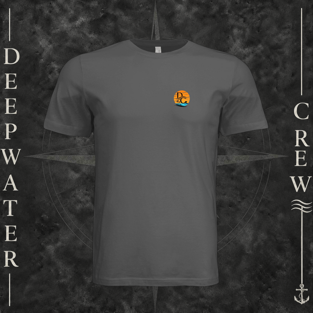 Asphalt Deepwater Crew Co. Salt Runs Deep crewneck T-shirt, front view with small tropical DC sunset-and-wave crest logo.