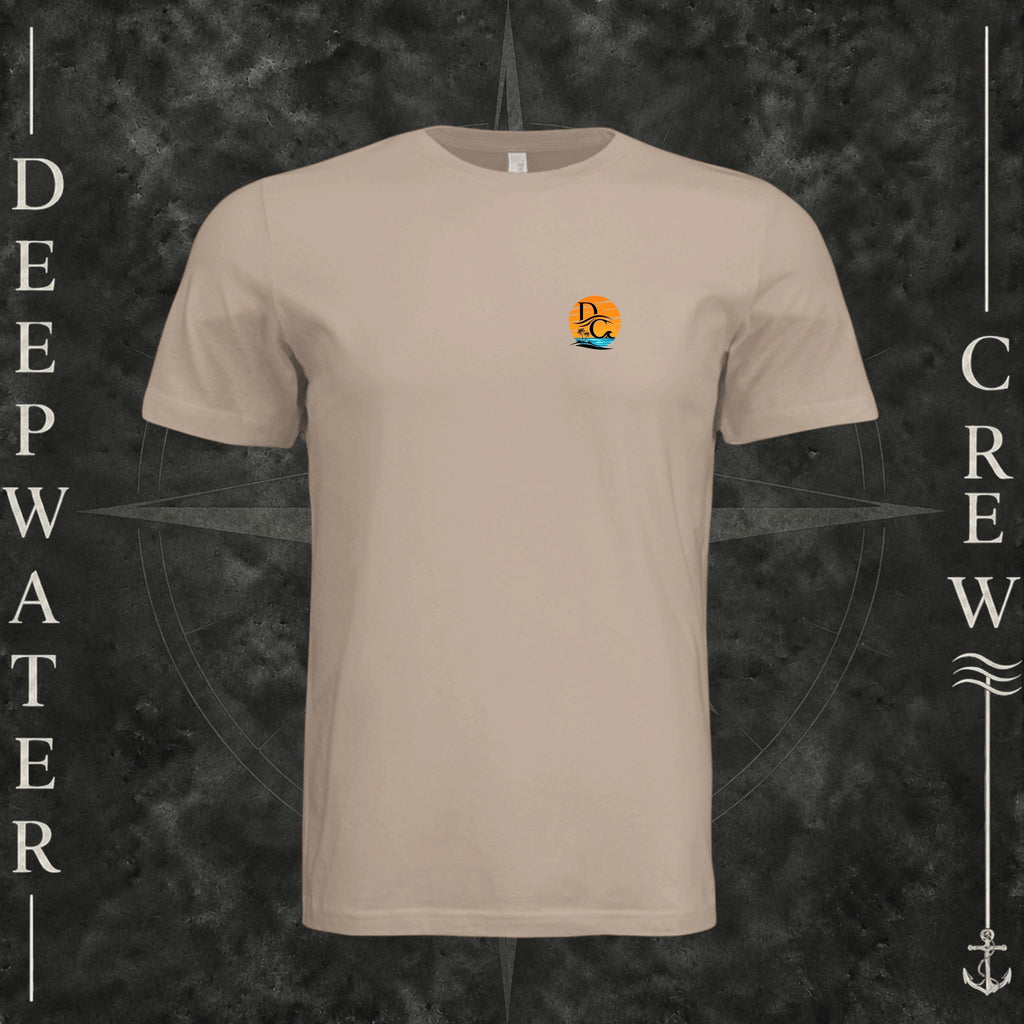 Dust Deepwater Crew Co. Salt Runs Deep crewneck T-shirt, front view with small tropical DC sunset-and-wave crest logo.