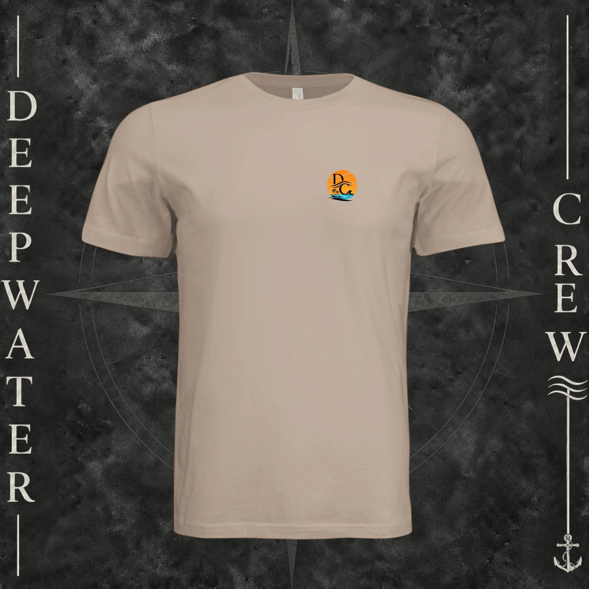Dust Deepwater Crew Co. Salt Runs Deep crewneck T-shirt, front view with small tropical DC sunset-and-wave crest logo.