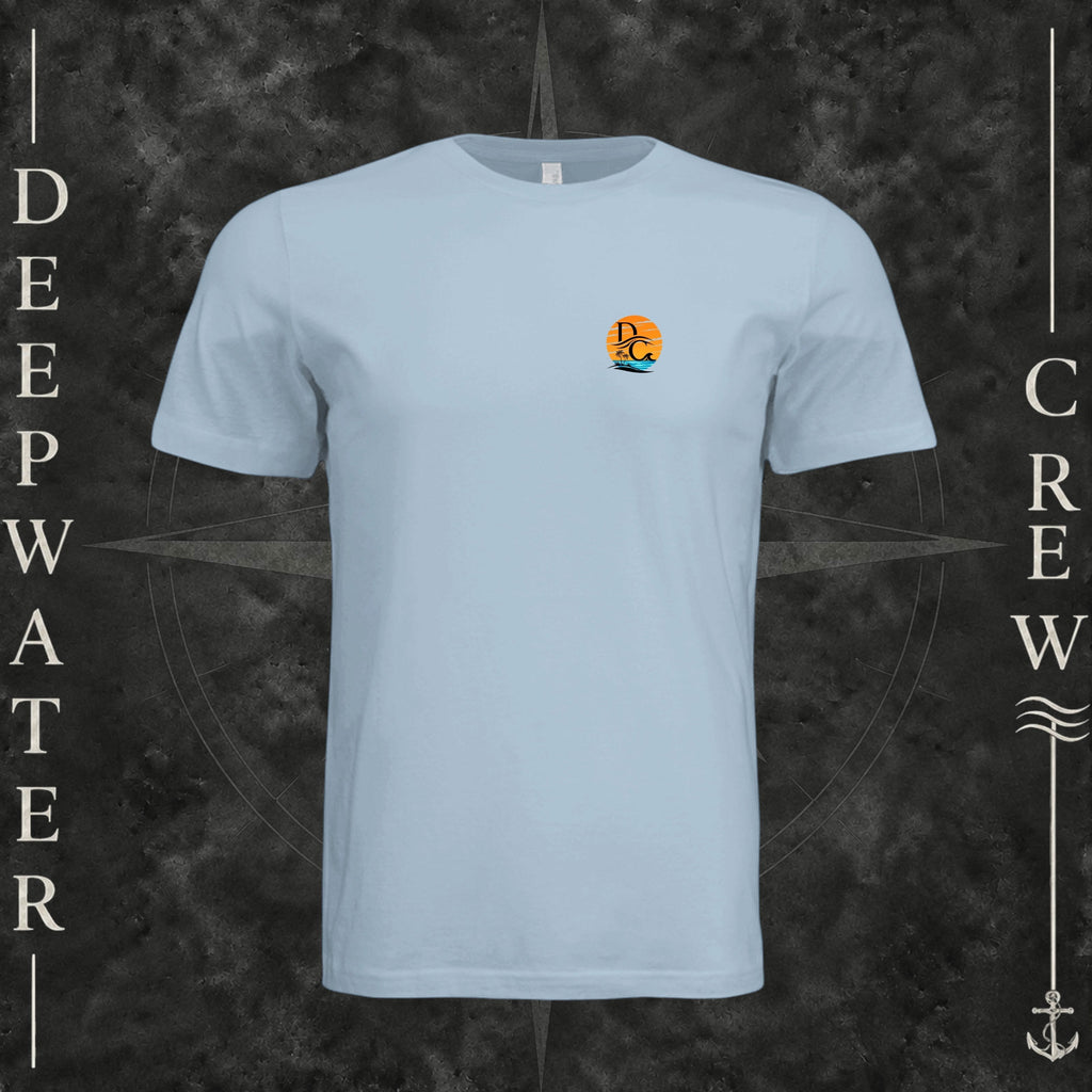 Light Blue Deepwater Crew Co. Salt Runs Deep crewneck T-shirt, front view with small tropical DC sunset-and-wave crest logo.