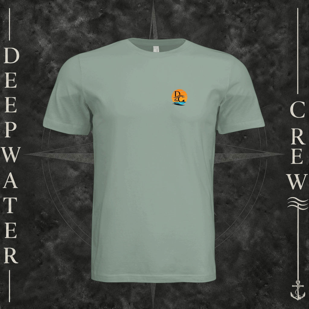Sage Deepwater Crew Co. Salt Runs Deep crewneck T-shirt, front view with small tropical DC sunset-and-wave crest logo.